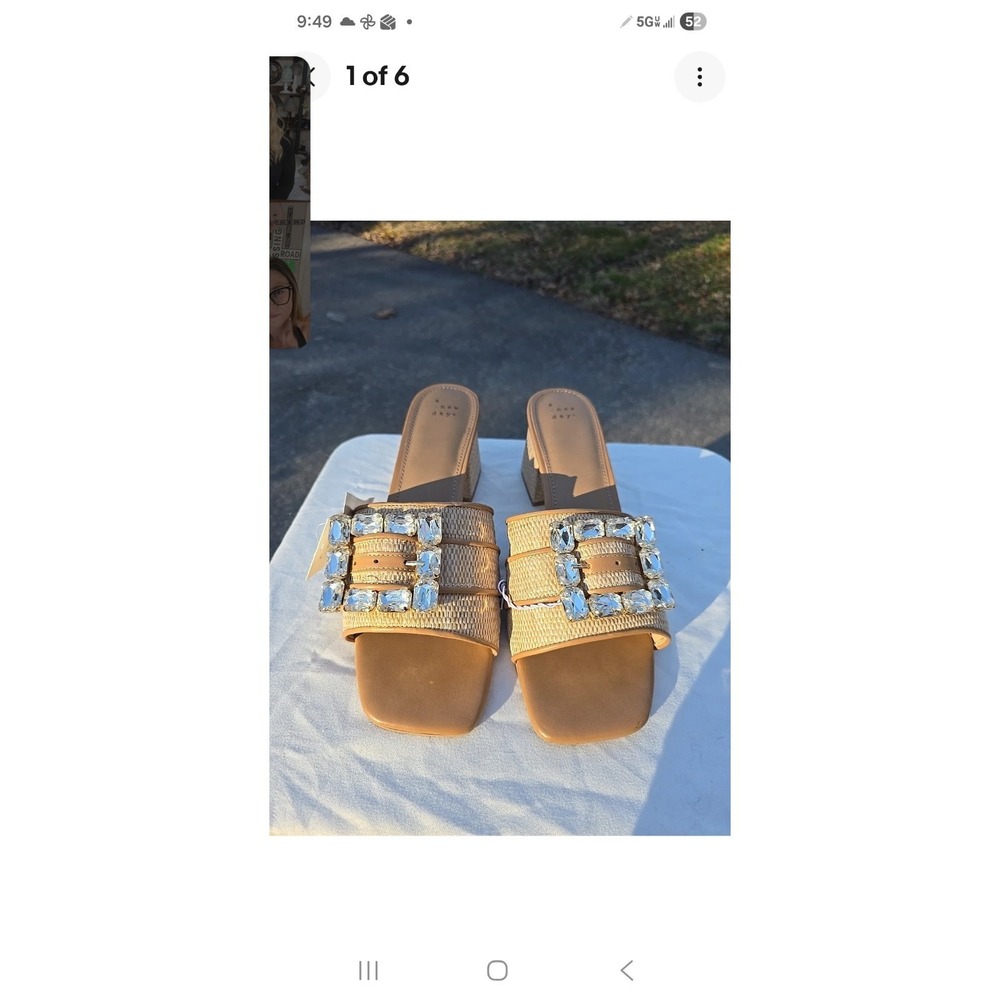 Embellished Tan Slide Sandals with Crystal Buckle